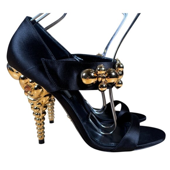 Prada Authentic Black Satin Embellished Gold Ball Mary Jane Heels Shoes Size 38 - Picture 1 of 14